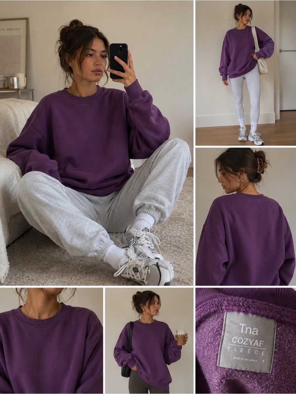 Aritzia Tna CozyAF Oversized Plum Purple‎ Fleece Crewneck Sweatshirt Size 1 XS-M